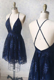 Navy Blue Backless Homecoming Dress with Appliques, Navy Short Party Dress GM436