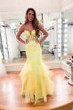 Spaghetti straps daffodil lace mermaid prom evening dress with ruffles mg158