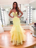 Spaghetti straps daffodil lace mermaid prom evening dress with ruffles mg158