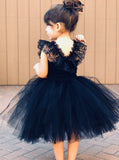 navy blue lace straps ball gown tulle flower girl dress with ruffles pf120