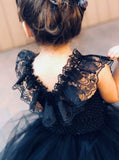 navy blue lace straps ball gown tulle flower girl dress with ruffles pf120