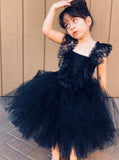 navy blue lace straps ball gown tulle flower girl dress with ruffles pf120