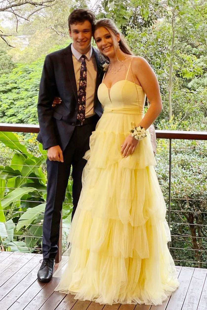yellow straps tulle tiered a line long prom dress layered formal gown