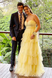 Yellow Straps Tulle Tiered A-Line Long Prom Dress, Layered Formal Gown GP570