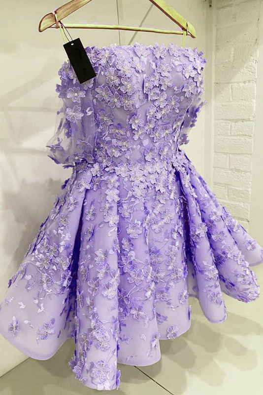 3D Lace Fowers Lavender Mini Homecoming Dresses, Strapless Sweet 16 Dresses GM548
