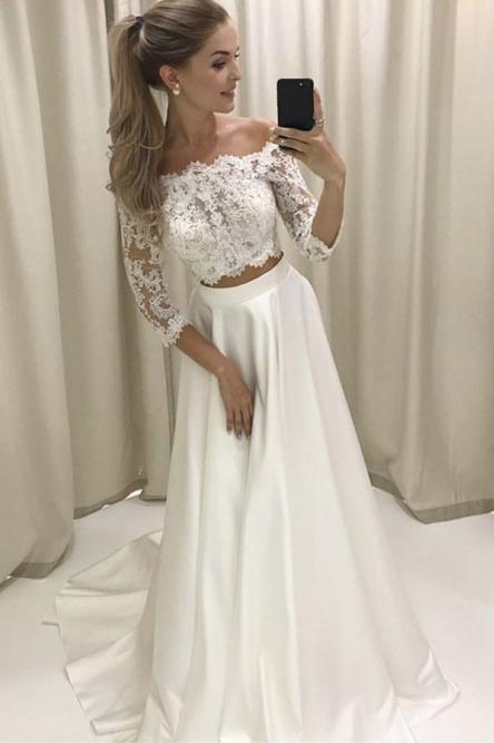 3 4 sleeves two piece off the shoulder lace satin wedding dress