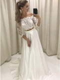 3 4 sleeves two piece off the shoulder lace satin wedding dress pw254