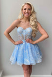 detachable sleeve sky blue lace corset a line short homecoming dresses