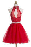 Two pieces Halter Red Sleeveless Tulle Homecoming Dress GM368