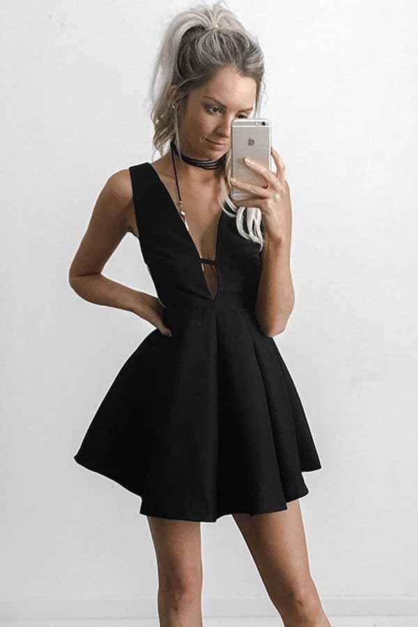 deep v neck black short homecoming party dress with cut out side
