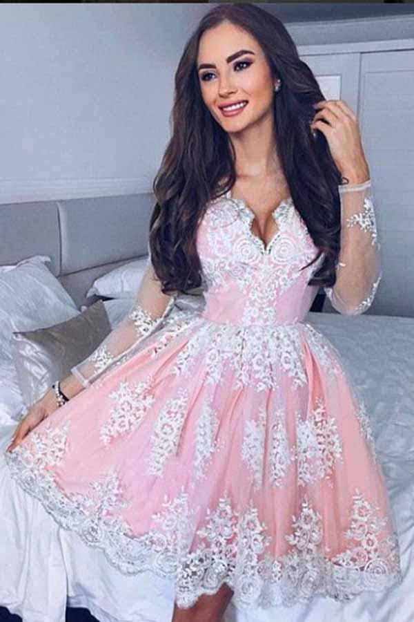 Modest Long Sleeves Blush Lace Appliques Sweet 16 Homecoming Dresses GM265
