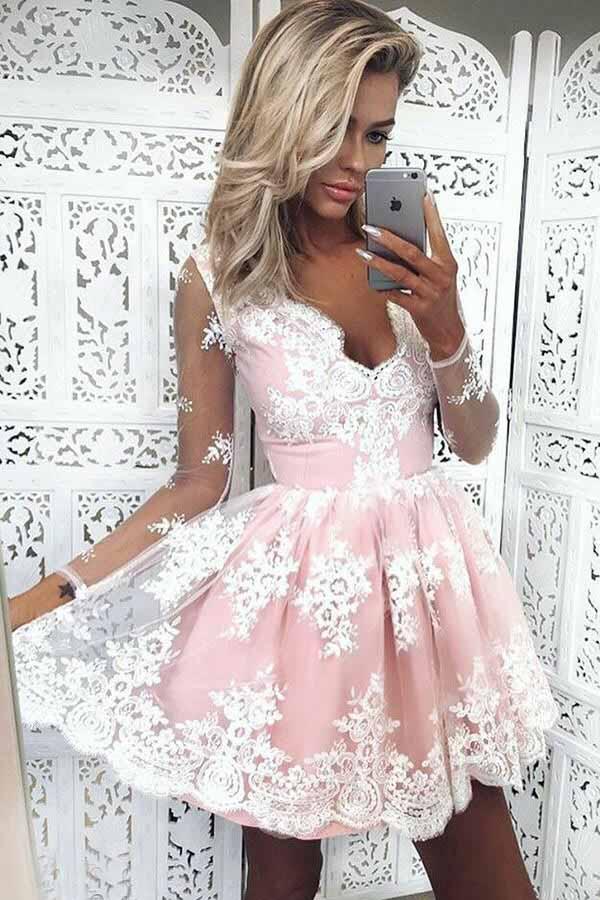 Modest Long Sleeves Blush Lace Appliques Sweet 16 Homecoming Dresses GM265