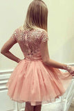 Illusion Neckline Applique Peach Chiffon Short Homecoming Dresses GM266