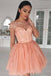 illusion neckline applique peach chiffon short homecoming dresses