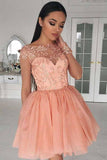 Illusion Neckline Applique Peach Chiffon Short Homecoming Dresses GM266