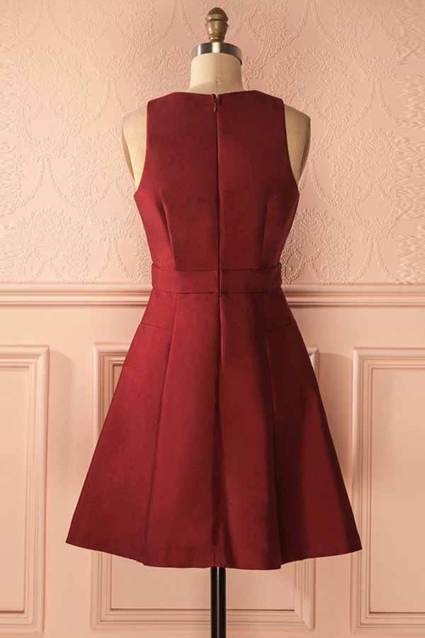 a line v neck lace up front short burgundy homecoming dresses
