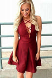 a line v neck lace up front short burgundy homecoming dresses