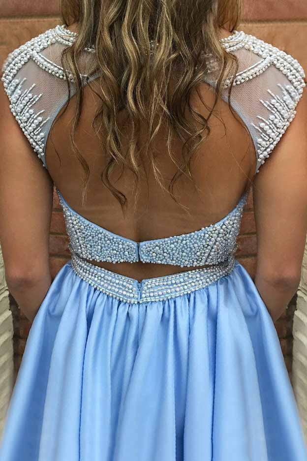 blue open back homecoming dress with pocket beading bodice short prom dresses