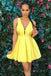 simple yellow v neck satin pleat short prom homecoming dress