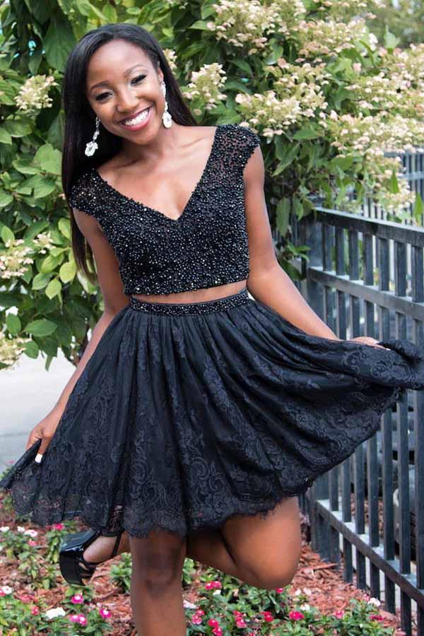 black v neck two piece beading bodice homecoming dress with lace skirt