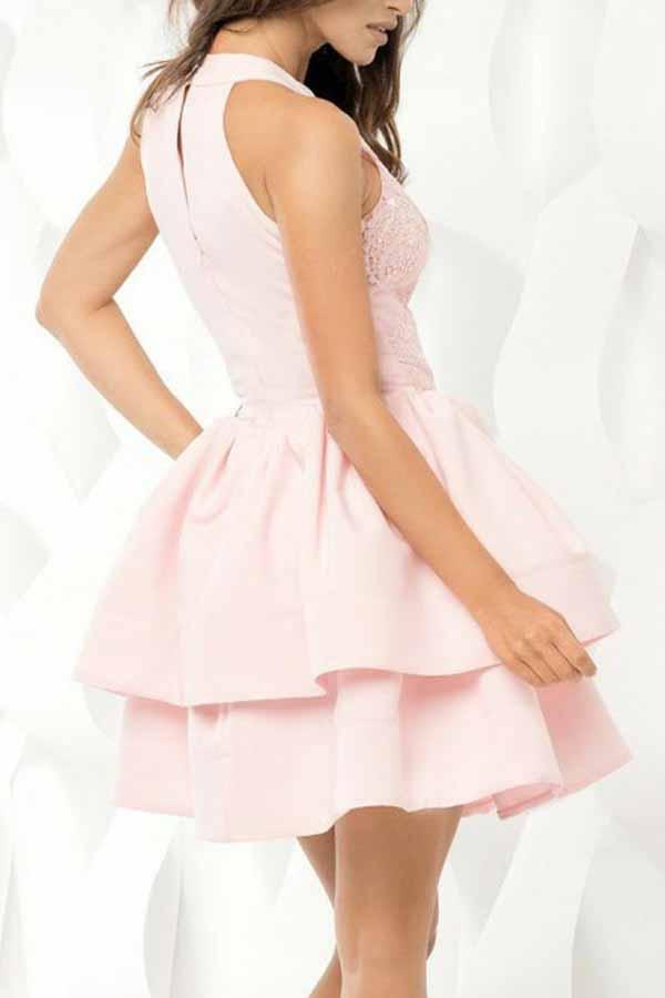 Pink High Neckline Appliques Short Homecoming Dress with Layered Skirt GM250