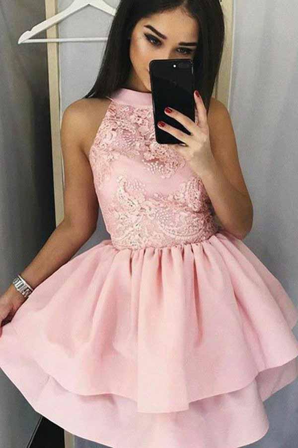 Pink High Neckline Appliques Short Homecoming Dress with Layered Skirt GM250
