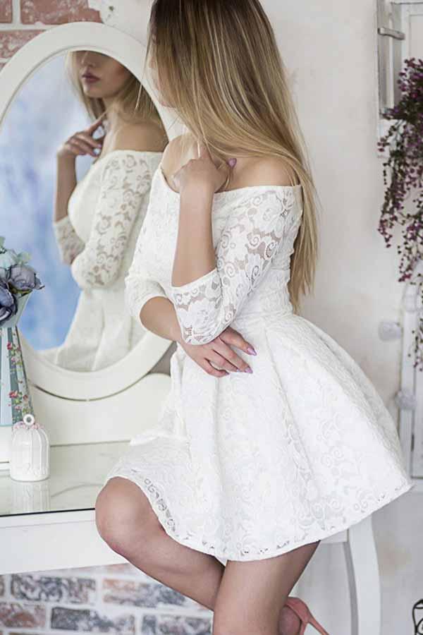 a line off the shoulder 3 4 sleeves lace homecoming dress