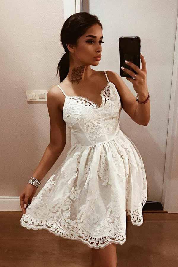 A-line V-neck Lace Appliques Spaghetti Backless Short Party Dress GM248