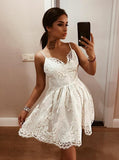 a line v neck lace appliques spaghetti backless short party dress