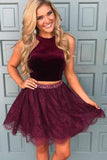 Chic Two Piece Halter Beading Waist Homecoming Dress with Lace Skirt GM247