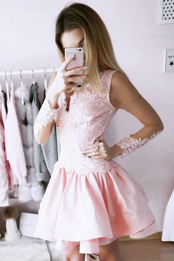a line v neck lace long sleeves pink layered prom homecoming dresses