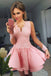 a line v neck lace long sleeves pink layered prom homecoming dresses