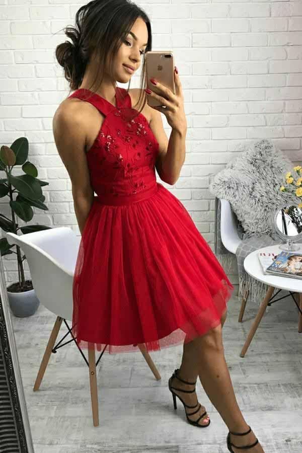 cute red sweet 15 dress a line cross neck beading homecoming dress