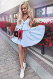 Spaghetti Straps Ruffles Homecoming Dresses, Chic Light Blue Short Prom Dress GM104