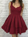 a line v neck burgundy short graduation party dress with pleat tiered