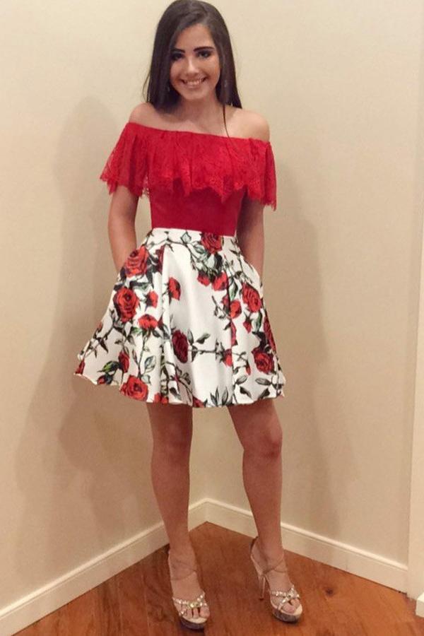 ruffles off the shoulder floral print homecoming party dress with pockets