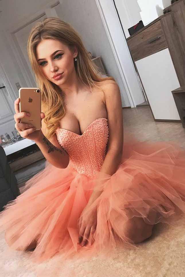 chic coral sweetheart tulle short prom dress beading party dress