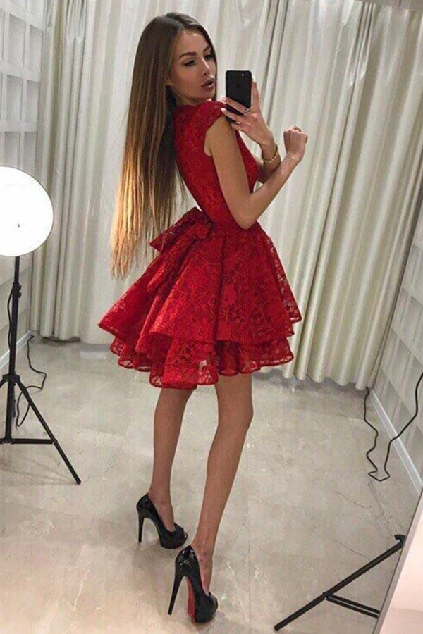 jewel lace pleat red homecoming dress with tiered skirt