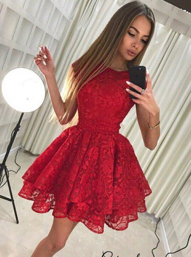 Jewel Lace Pleat Red Homecoming Dress with Tiered Skirt GM236