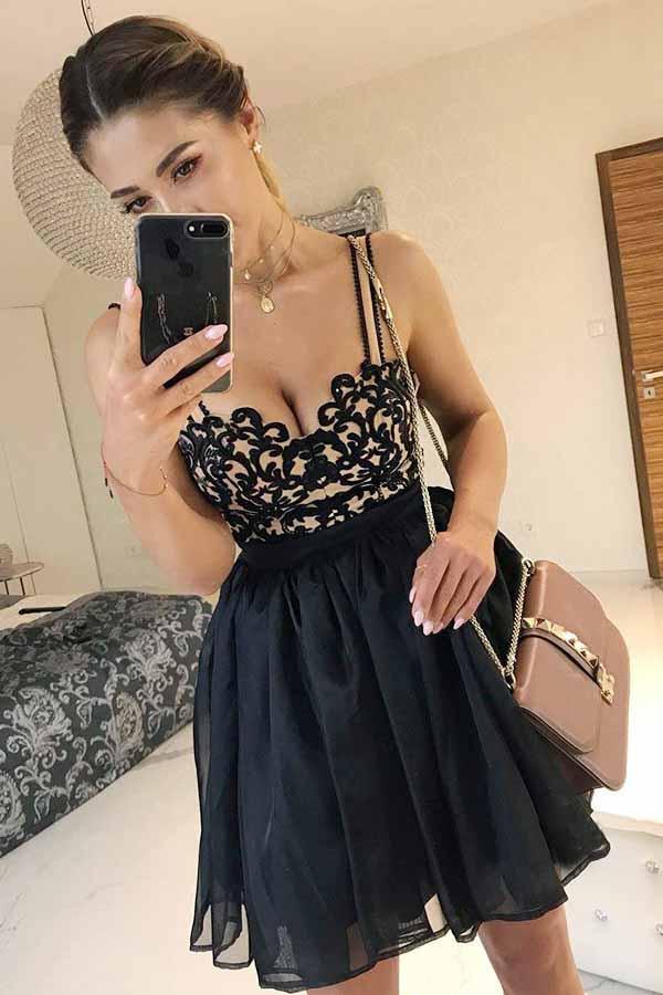 Spaghetti Straps Black Homecoming Dresses with Appliques GM270