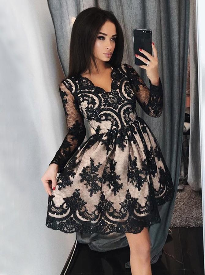 Black Lace Appliques Long Sleeves Short Prom Homecoming Dress GM234