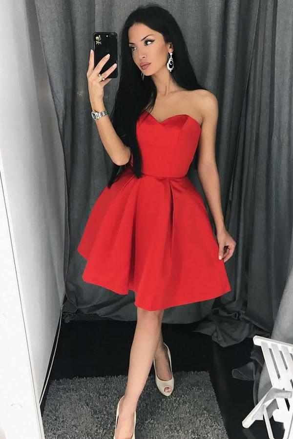 simple red homecoming dress sweetheart short prom dress with pleats