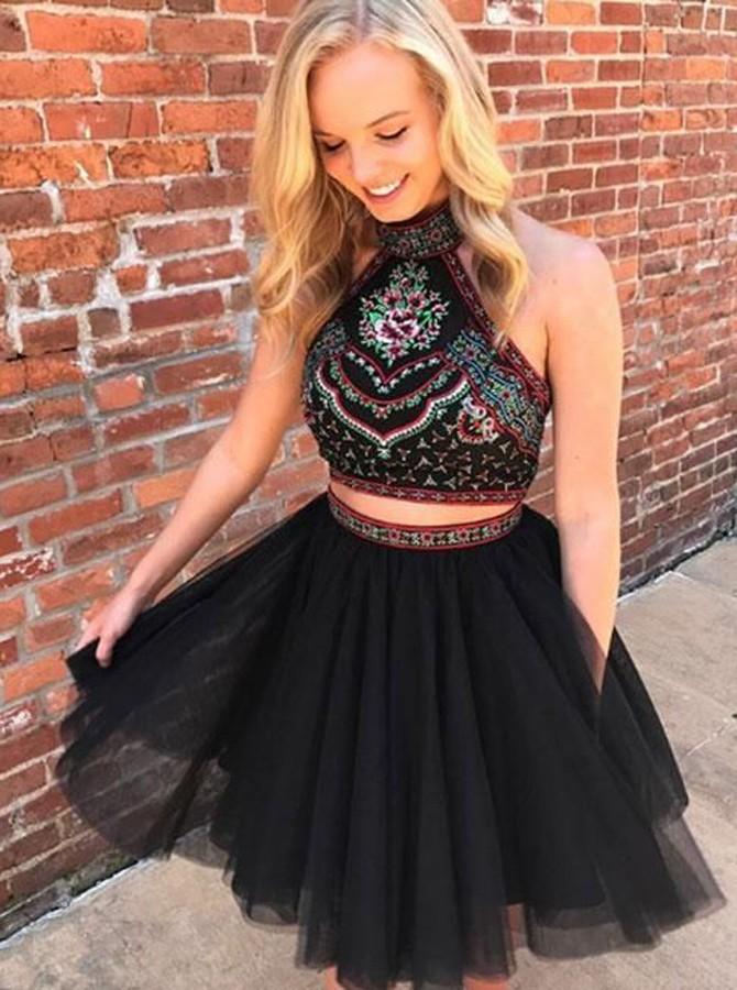 tulle two piece embroidered bodice black homecoming dress