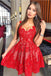 a line red short prom dress square lace homecoming dress with pleats