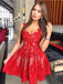 a line red short prom dress square lace homecoming dress with pleats