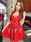 A-line Red Short Prom Dress Square Lace Homecoming Dress with Pleats GM182