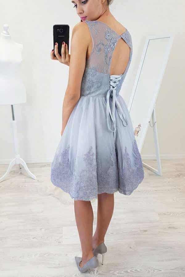 a line fit flare lace applique short prom homecoming dress