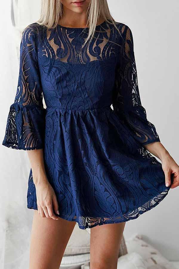 a line bateau lace navy blue bell half sleeves homecoming dress with open back