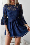A-line Bateau Lace Navy Blue Bell Half Sleeves Homecoming Dress With Open Back GM180