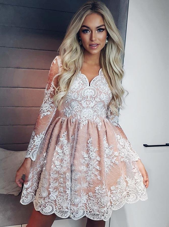 a line long sleeves short prom dress lace homecoming dresses